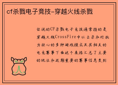 cf杀戮电子竞技-穿越火线杀戮