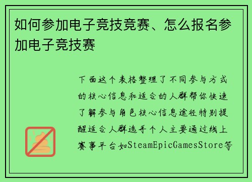 如何参加电子竞技竞赛、怎么报名参加电子竞技赛